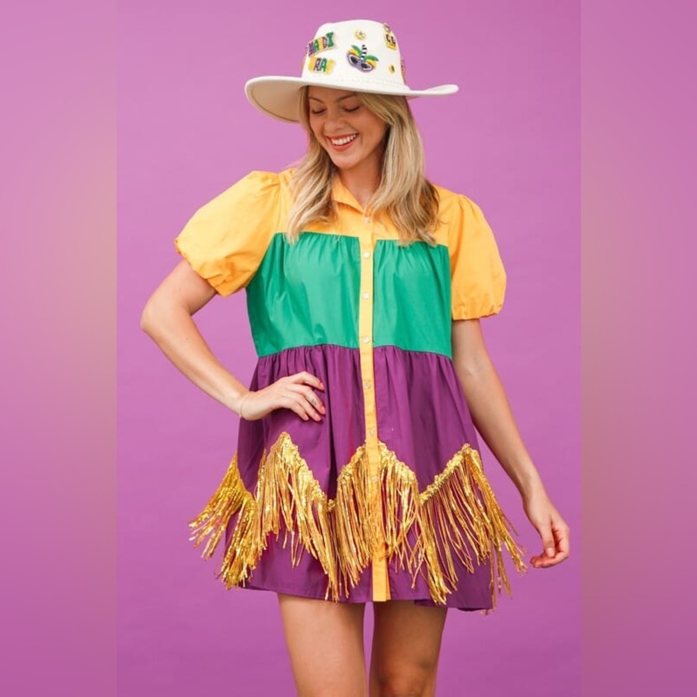 Mardi Gras color block poplin dress with fringe.